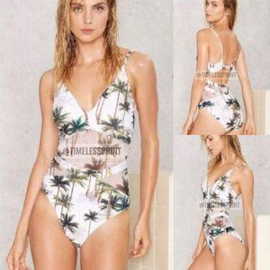 Nasty Gal White/Green Palms Tree One Piece Bikini